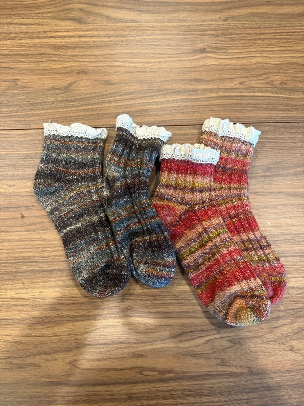 2 FP Knit Crew Socks with Lace Trim
